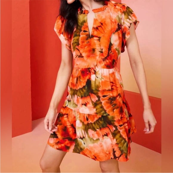 Marie Oliver Ruffle V-Neck Short Sleeve Plated Mini Dress Size XS - Picture 1 of 11